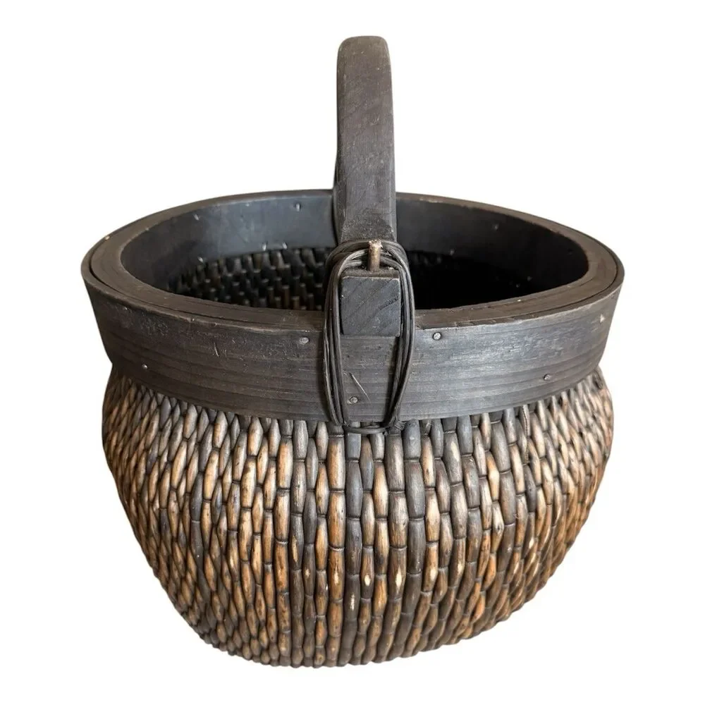 Antique Chinese Hand Woven Willow Rice Basket with Bentwood Handle